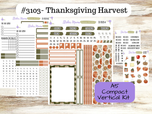 CV3103 || HARVEST THANKSGIVING || Compact Vertical || A5 Weekly Kit || Planner Stickers || Erin Condren Compact Vertical Weekly Kit
