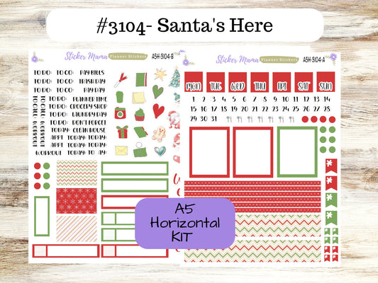 A5 Horizontal || #3104 Santa's Here || A5 Weekly Kit || Planner Stickers || Erin Condren A5 Horizontal Weekly Kit