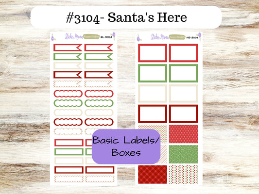 BASIC/HALF-BOX Stickers-3104 || Santa's Here || Basic Label Stickers -  - Half Boxes - Planner Stickers - Full Box for Planners