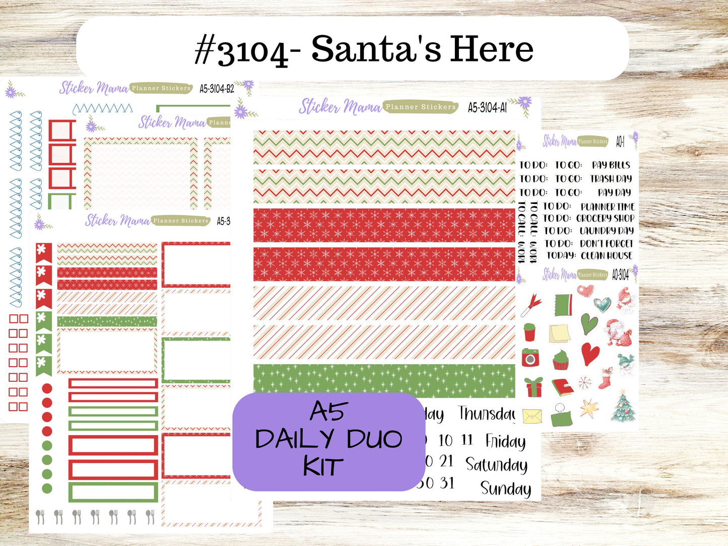 A5-DAILY DUO-Kit #3104 || Santa's Here || Planner Stickers - Daily Duo A5 Planner - Daily Duo Stickers - Daily Planner