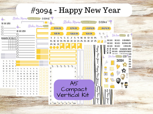 CV-3094 Happy New Year || Compact Vertical Stickers || Weekly Kit - Planner Stickers - Erin Condren Compact Vertical Weekly Kit