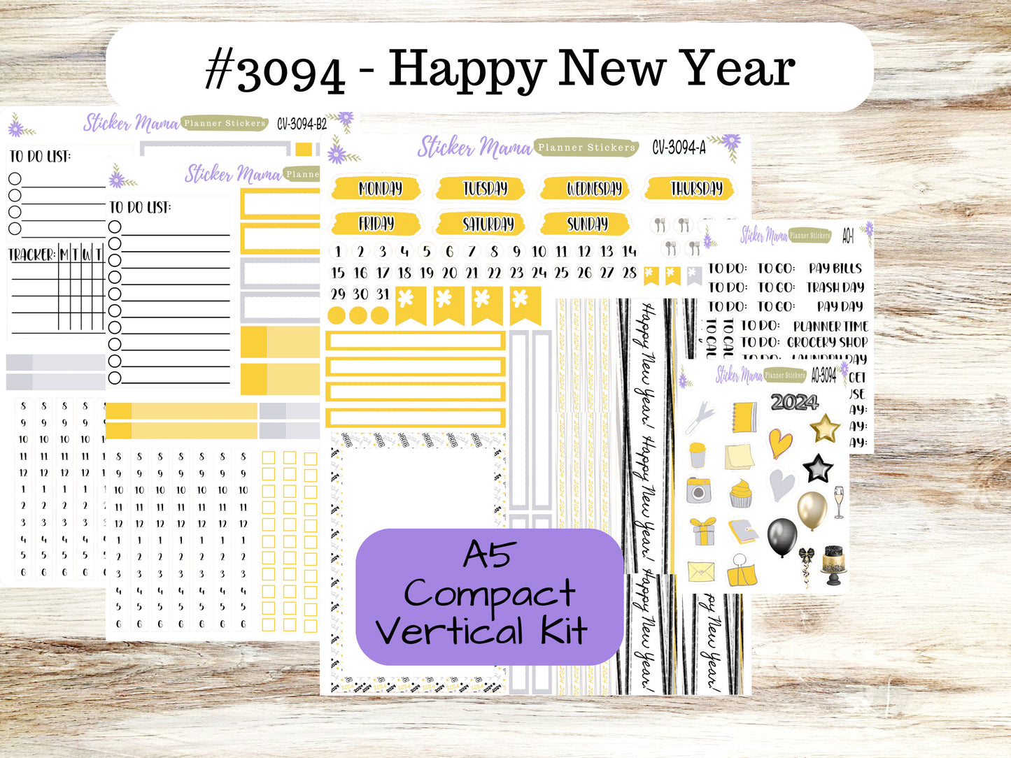 CV-3094 Happy New Year || Compact Vertical Stickers || Weekly Kit - Planner Stickers - Erin Condren Compact Vertical Weekly Kit