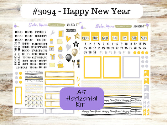 A5 Horizontal || #3094 || Happy New Year || A5 Weekly Kit || Planner Stickers || Erin Condren A5 Horizontal Weekly Kit