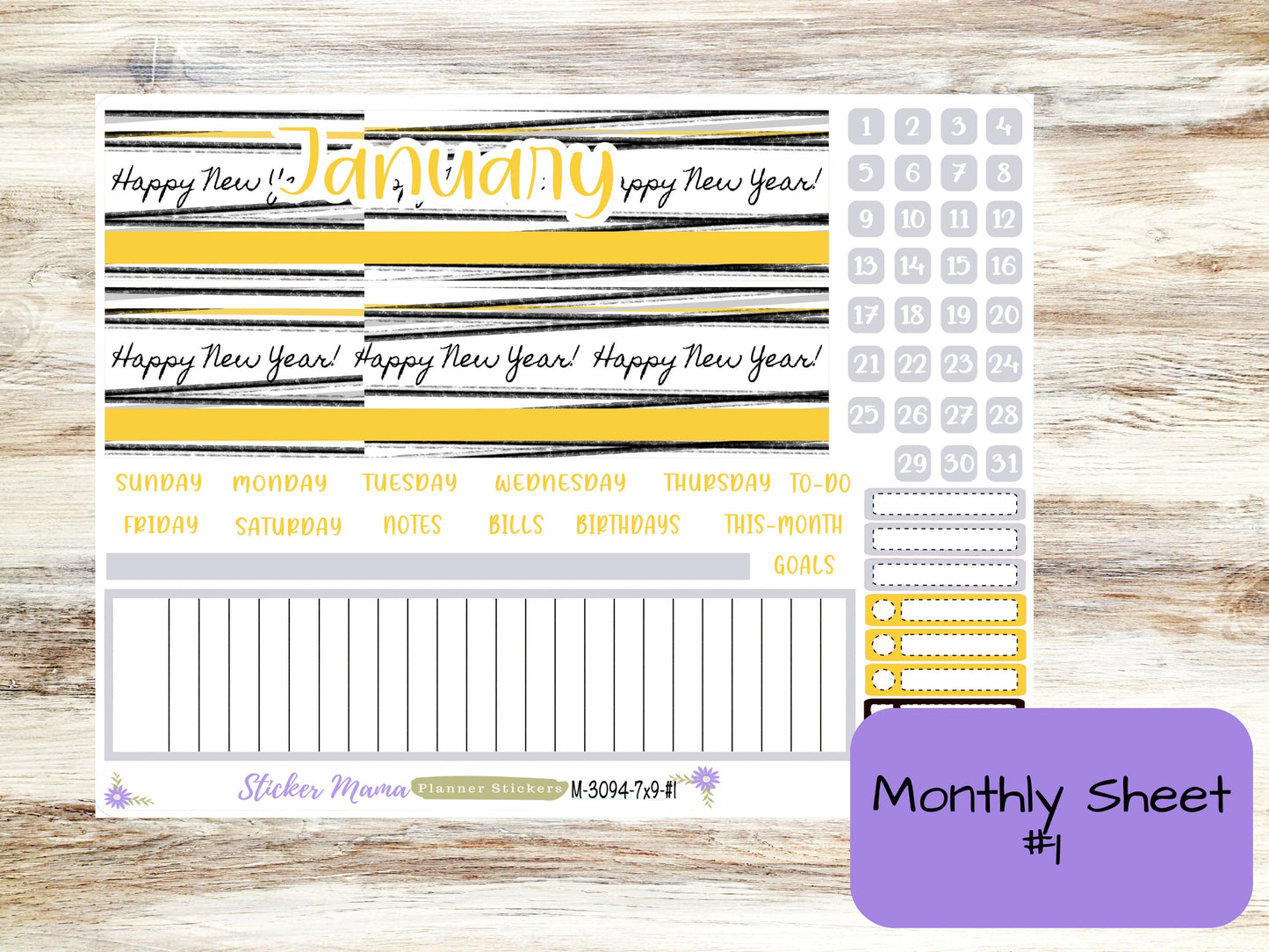 MONTHLY KIT-3094 || 7X9 || Happy New Years - 7x9 ec January Monthly Kit - January Monthly Planner Kits -  Monthly Pages