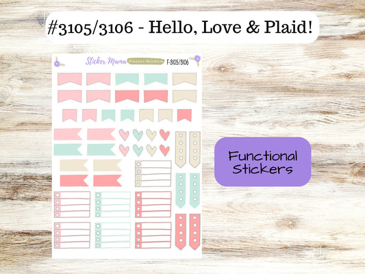 CUTE FUNCTIONAL STICKERS-F-3105/3106 || Hello, Love & Plaid! || Planner Stickers || Stickers ||