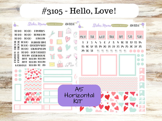 A5 Horizontal || #3105 || Hello, Love! || A5 Weekly Kit || Planner Stickers || Erin Condren A5 Horizontal Weekly Kit