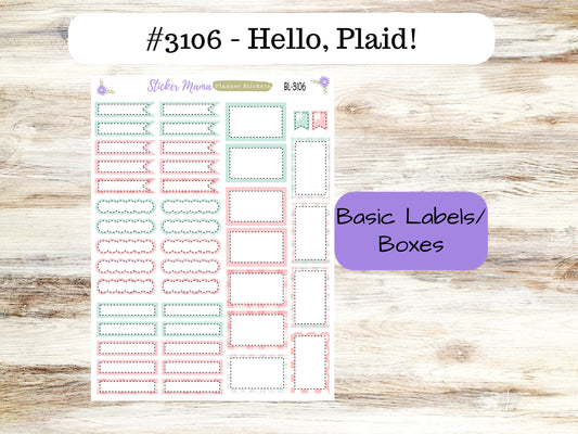 BL-3106 ||  Hello, Plaid! ||  Basic Label Stickers -  - Half Boxes - Planner Stickers - Full Box for Planners