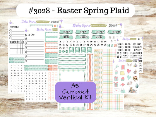 A5 COMPACT VERTICAL-Kit #3028 || Easter Spring Plaid   - Compact Vertical - Planner Stickers - Erin Condren Compact Vertical Weekly Kit