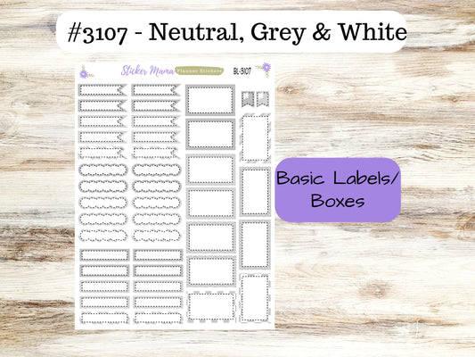 BL-3107 || Neutral, Grey & White ||  Basic Label Stickers -  - Half Boxes - Planner Stickers - Full Box for Planners