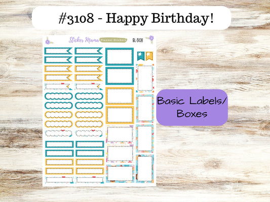 BL-3108 || Happy Birthday! ||  Basic Label Stickers -  - Half Boxes - Planner Stickers - Full Box for Planners