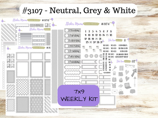 WK-3107 - Neutral, Grey & White  || Weekly Planner Kit || Erin Condren || Hourly Planner Kit || Vertical Planner Kit