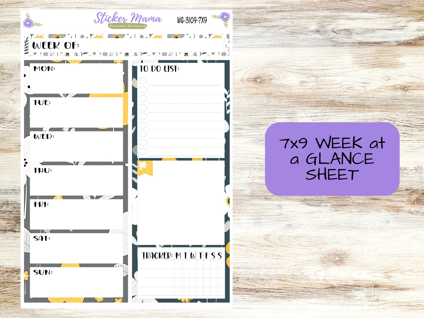 WEEK at a GLANCE-Kit #3109 || Grey and Yellow Floral  || Week at a Glance - weekly glance 7x9 or a5