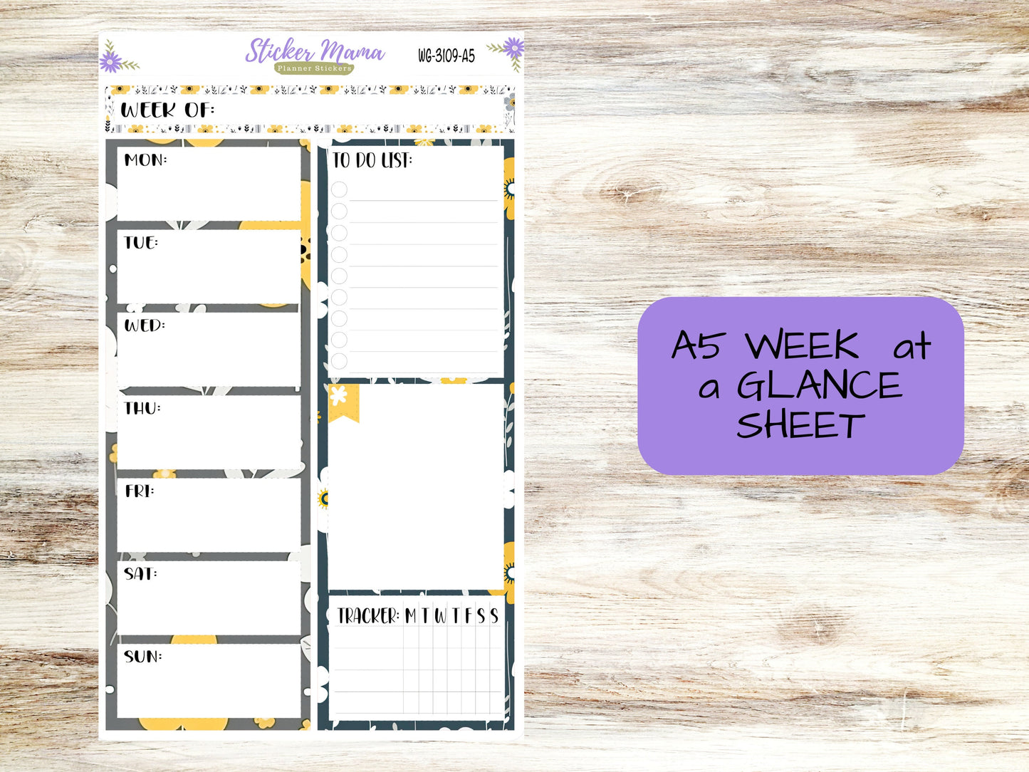WEEK at a GLANCE-Kit #3109 || Grey and Yellow Floral  || Week at a Glance - weekly glance 7x9 or a5