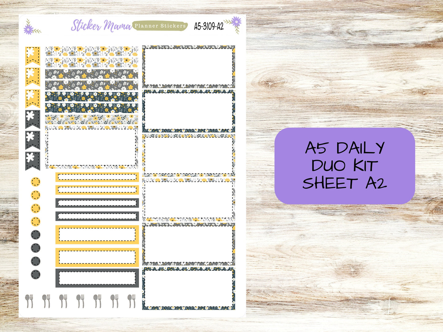 A5-DAILY DUO-Kit #3109 || Grey and Yellow Floral  || Planner Stickers - Daily Duo A5 Planner - Daily Duo Stickers - Daily Planner