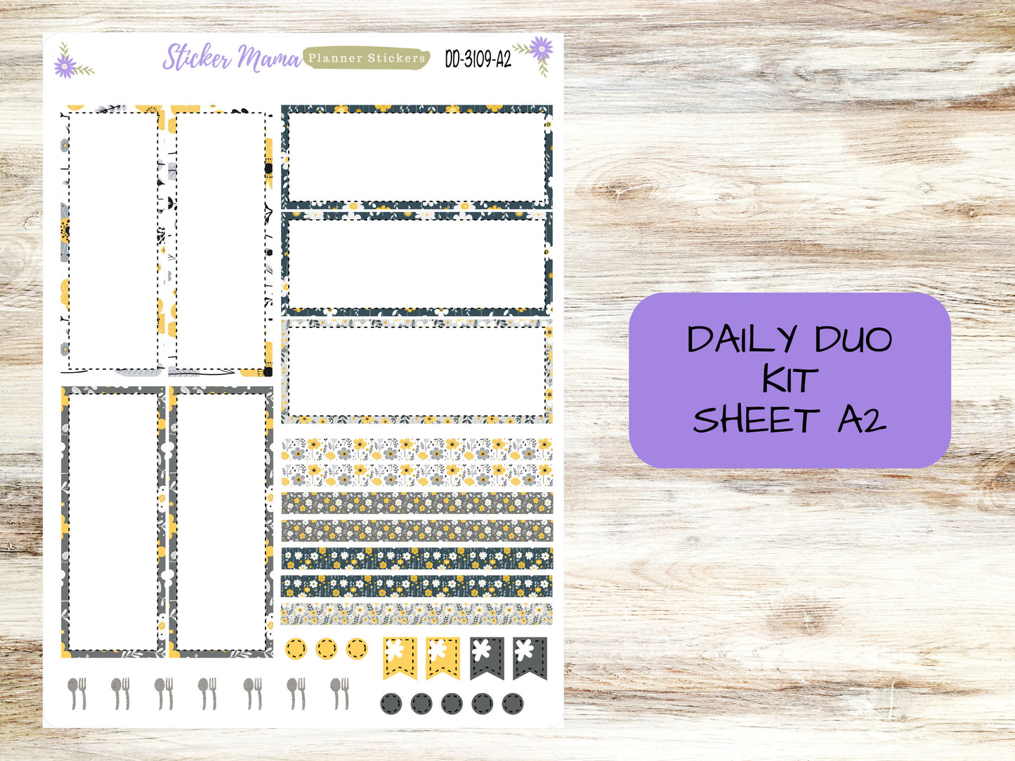 DAILY DUO 7x9-Kit #3109  || Grey and Yellow Floral  || Planner Stickers - Daily Duo 7x9 Planner - Daily Duo Stickers - Daily Planner
