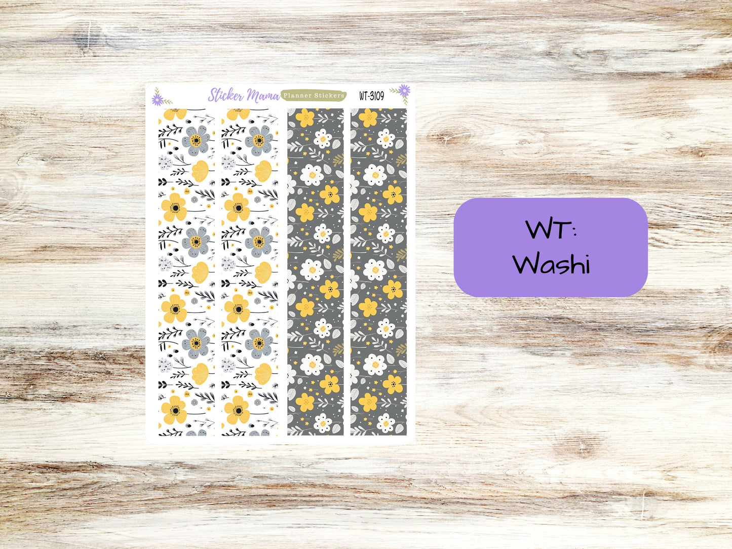 WASHI PLANNER STICKERS || 3109 || Grey and Yellow Floral || Washi Stickers || Planner Stickers || Washi for Planners