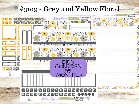 MONTHLY KIT-3109 || A5 || Grey and Yellow Floral  || - ec May Monthly Kit - MayMonthly Planner Kits - Monthly Pages