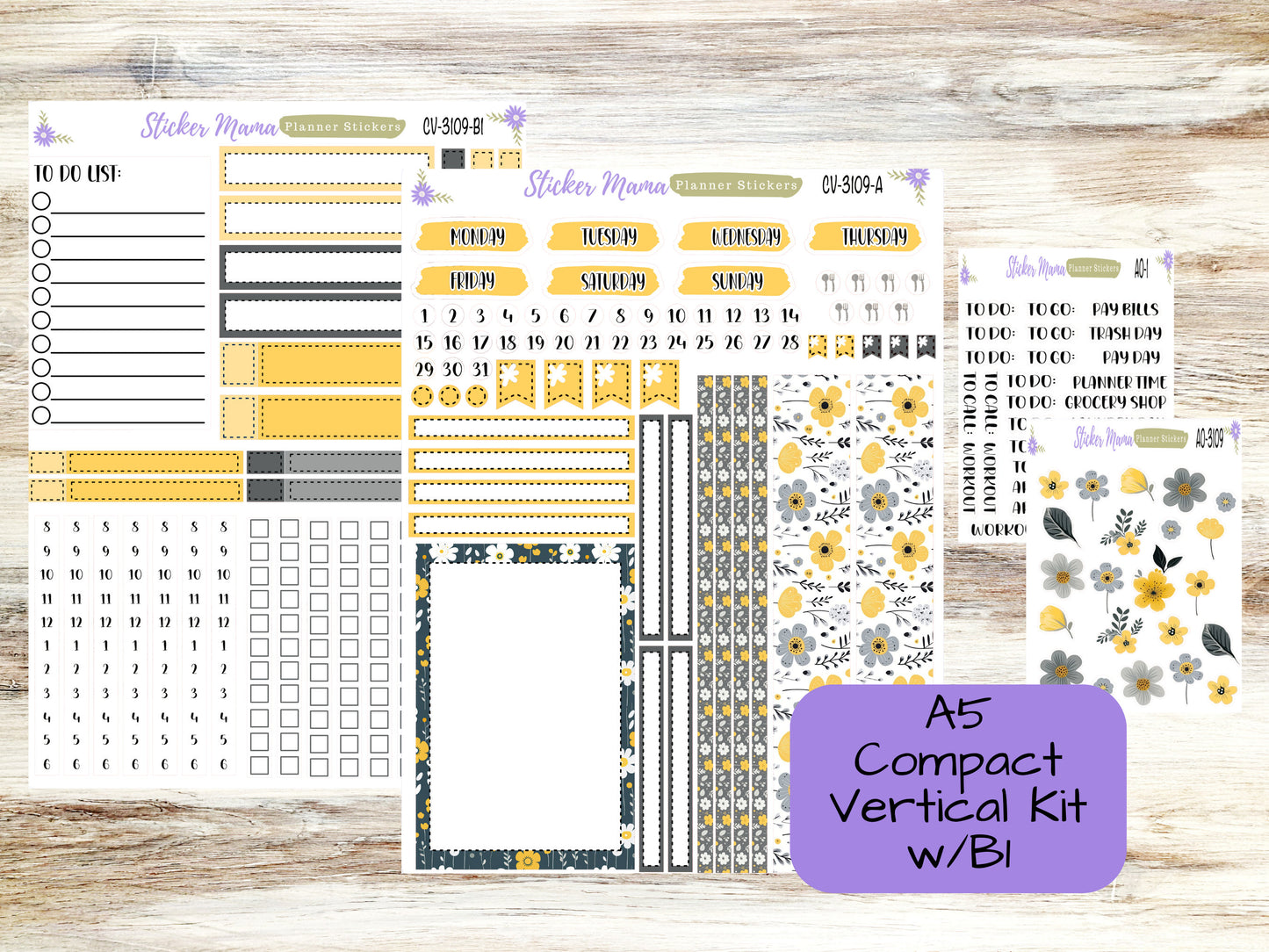 A5 COMPACT VERTICAL-Kit #3109 || Grey and Yellow Floral  - Compact Vertical - Planner Stickers - Erin Condren Compact Vertical Weekly Kit