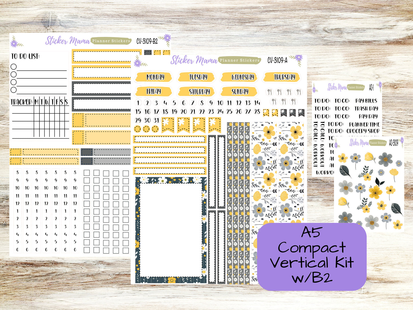 A5 COMPACT VERTICAL-Kit #3109 || Grey and Yellow Floral  - Compact Vertical - Planner Stickers - Erin Condren Compact Vertical Weekly Kit