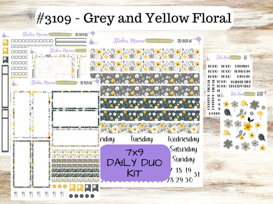 DAILY DUO 7x9-Kit #3109  || Grey and Yellow Floral  || Planner Stickers - Daily Duo 7x9 Planner - Daily Duo Stickers - Daily Planner