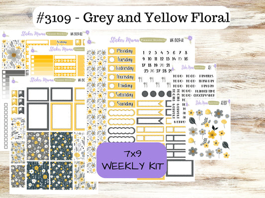 WK-3109 - Grey and Yellow Floral   || Weekly Planner Kit || Erin Condren || Hourly Planner Kit || Vertical Planner Kit