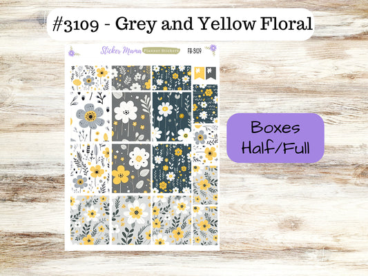 FULL BOXES-3109 || Grey and Yellow Floral || Planner Stickers -|| Full Box for Planners