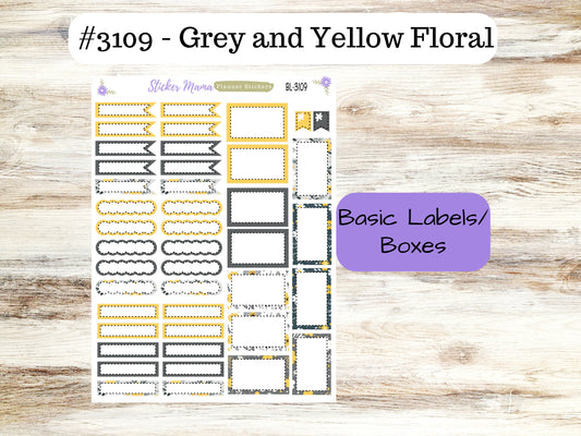 BL-3109 ||  Grey and Yellow Floral ||  Basic Label Stickers -  - Half Boxes - Planner Stickers - Full Box for Planners