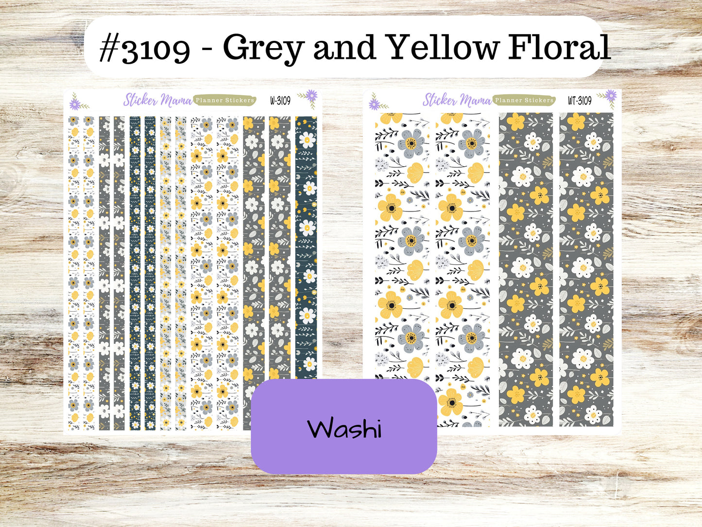 WASHI PLANNER STICKERS || 3109 || Grey and Yellow Floral || Washi Stickers || Planner Stickers || Washi for Planners