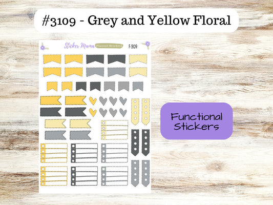CUTE FUNCTIONAL STICKERS-F-3109 || Grey and Yellow Floral || Planner Stickers || Stickers ||