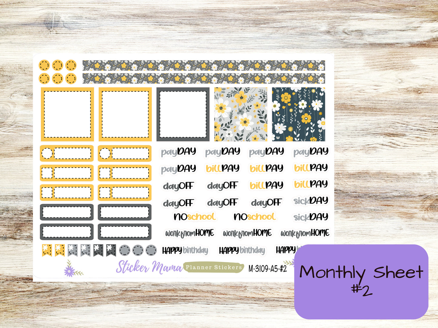MONTHLY KIT-3109 || A5 || Grey and Yellow Floral  || - ec May Monthly Kit - MayMonthly Planner Kits - Monthly Pages