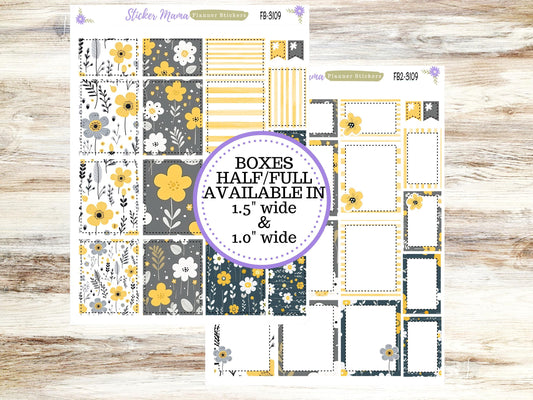 FULL BOXES-3109 || Grey and Yellow Floral  ||  Planner Stickers || Full Box for Planners || Planner Boxes