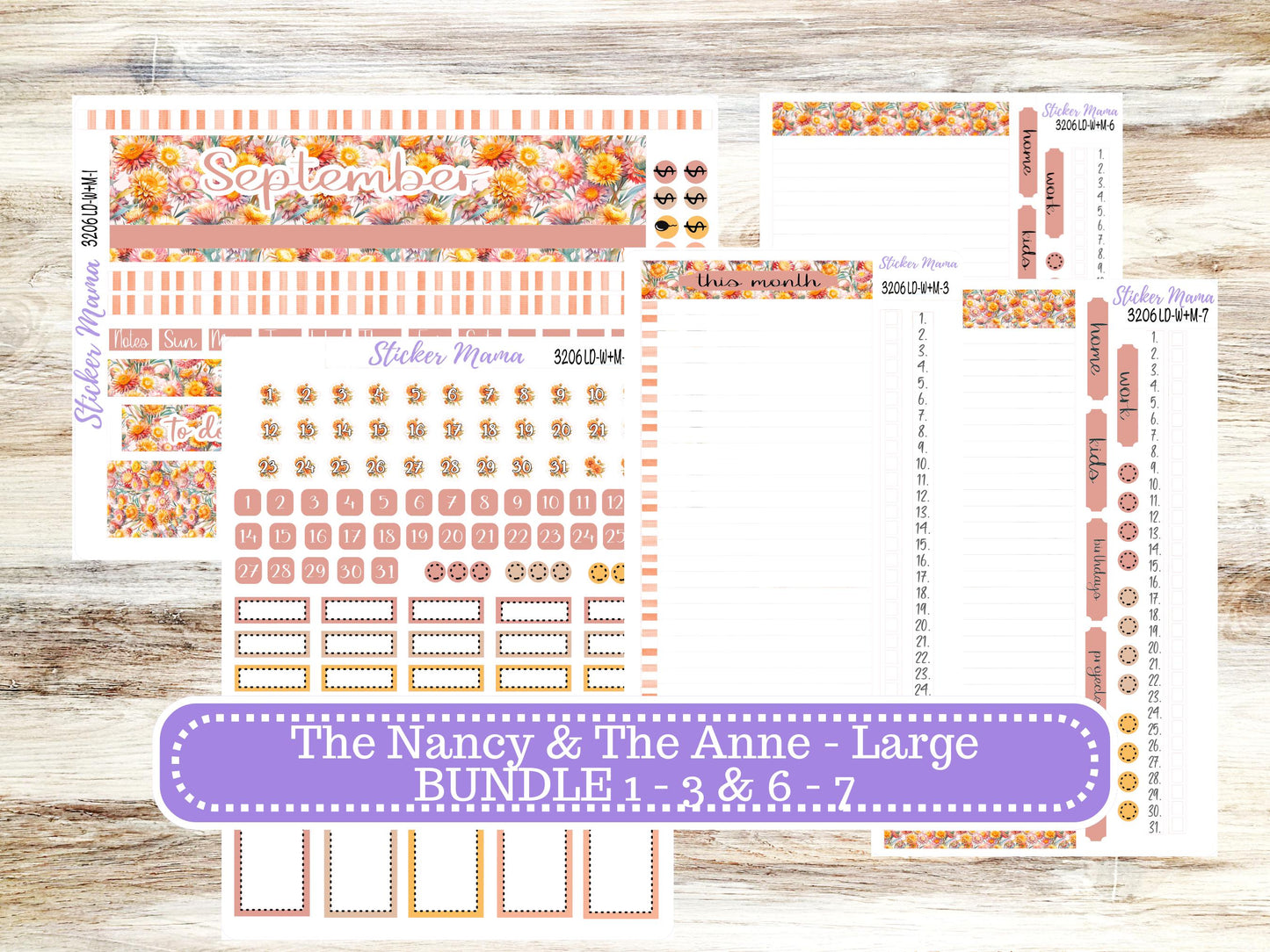 Laurel Denise Large Nancy & Large Anne Planner Sticker Kit | Vertical Horizontal Week + Month | September Sunflower Harvest 3206 | 6-26