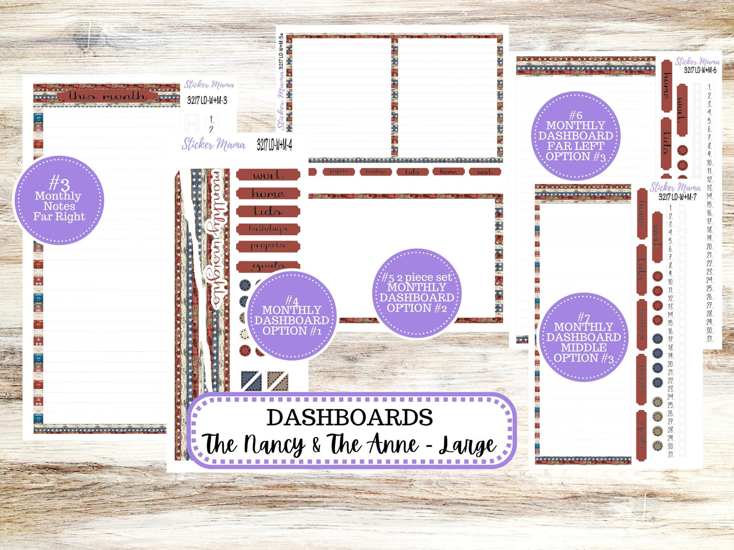Laurel Denise Large Nancy & Large Anne Planner Sticker Kit | Vertical Horizontal Week + Month | July Old Glory 3217 | 4-26