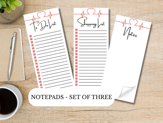 Nurses Heart Notepads | Set of Three | 3.5 x 8 | To Do List | Shopping List | Notes