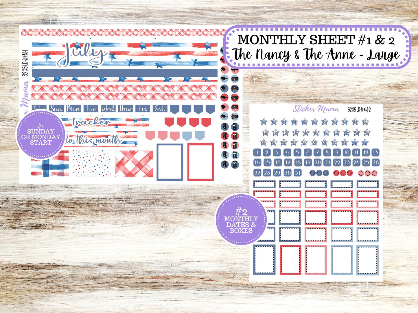 Laurel Denise Large Nancy & Large Anne Planner Sticker Kit | Vertical Horizontal Week + Month | July Patriotic Festivities 3205 | 4-26