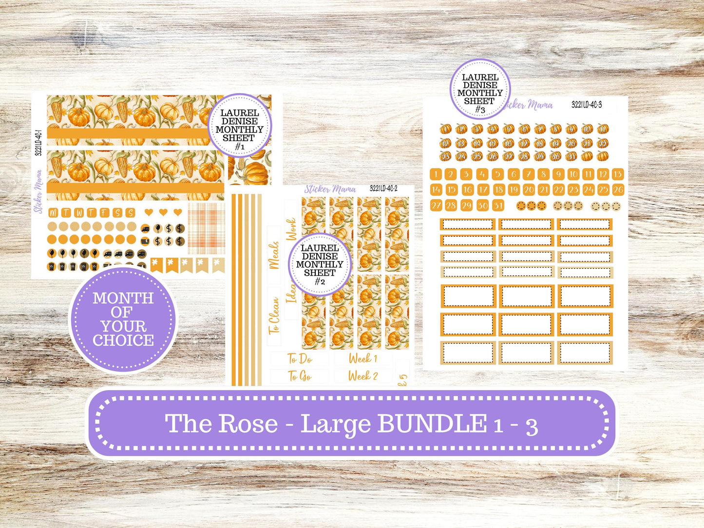 Laurel Denise Large Rose Planner Sticker Kit | 4-COLUMN | Month of your Choice Fall | Pumpkins & Cornstalks 3221 | 6-26