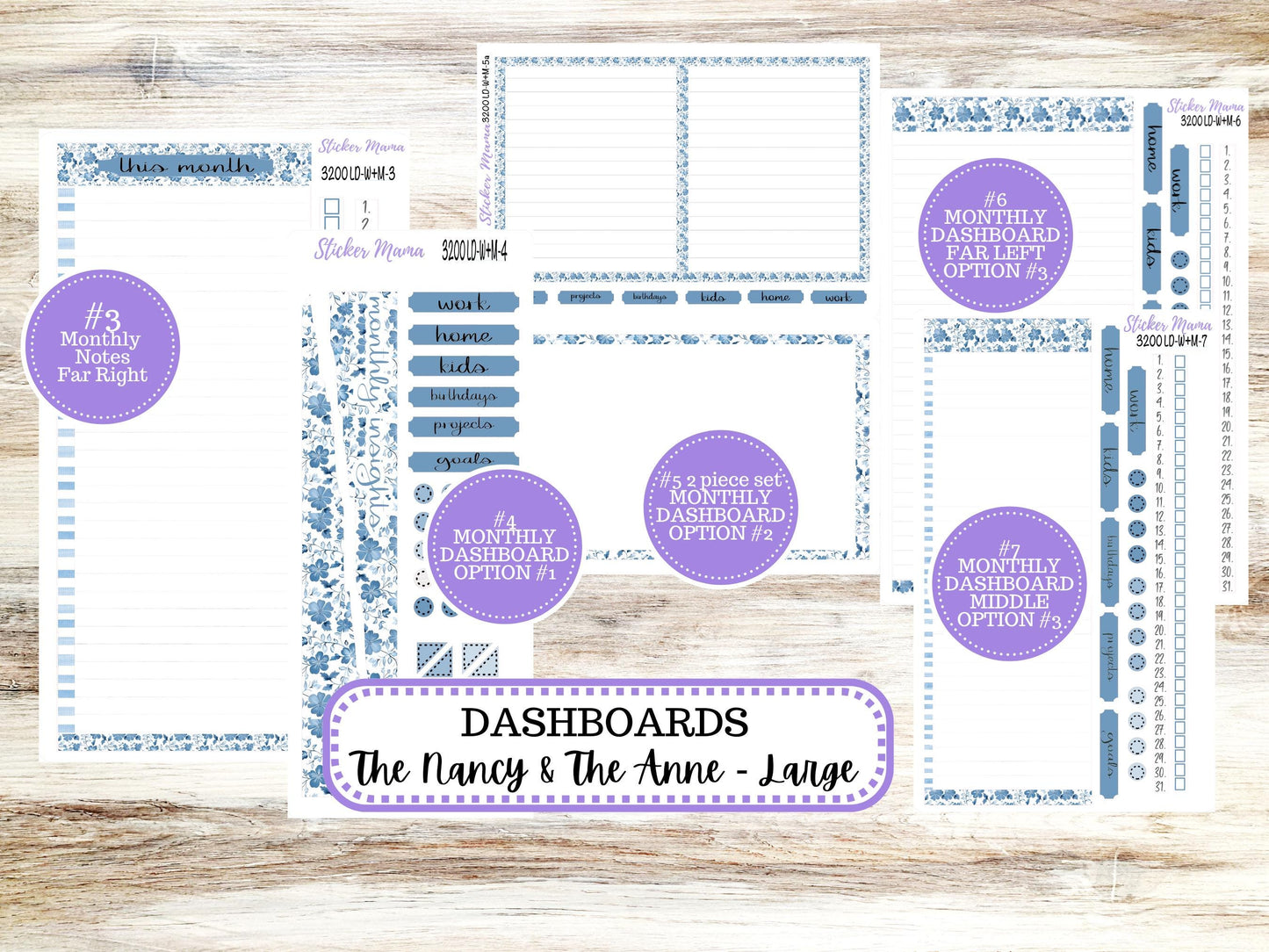 LD “The Nancy & Anne” Large || Week + Month PLANNER Monthly Kit #3200 Blue Blossom || Horizontal Vertical Kit || Choose Your Month || 12-25