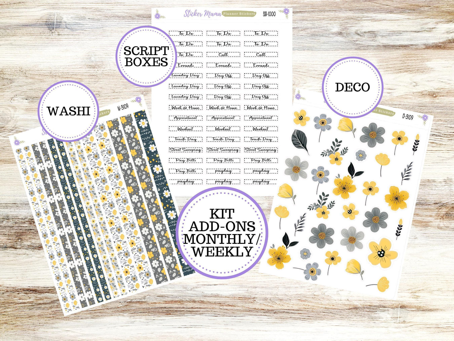 LAUREL DENISE MONTHLY Planner Kit #3109 || Laurel Denise Stickers Kit || Horizontal Vertical || Grey and Yellow Floral || May