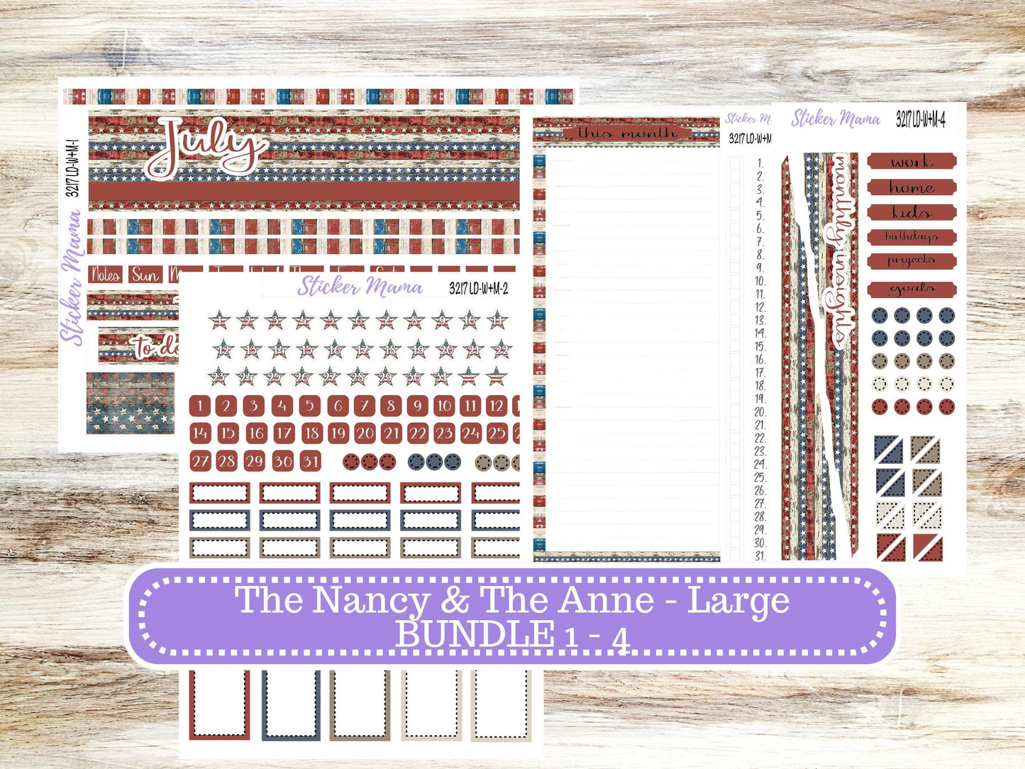 Laurel Denise Large Nancy & Large Anne Planner Sticker Kit | Vertical Horizontal Week + Month | July Old Glory 3217 | 4-26