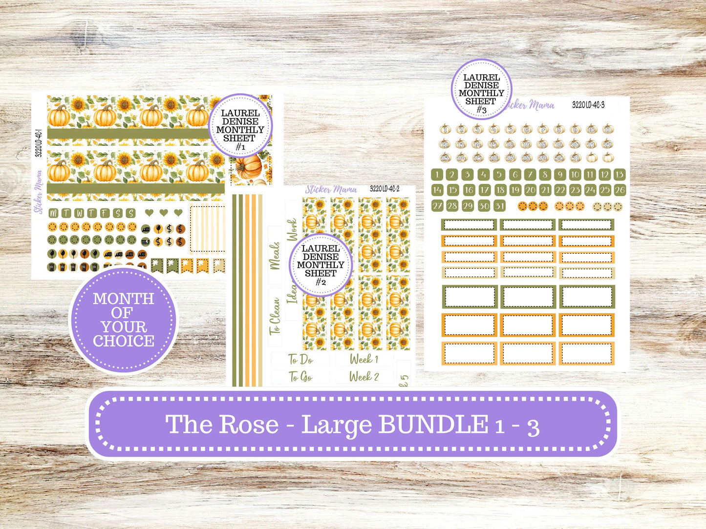 Laurel Denise Large Rose Planner Sticker Kit | 4-COLUMN | Month of your Choice Fall | Sunflower Harvest 3220 | 6-26