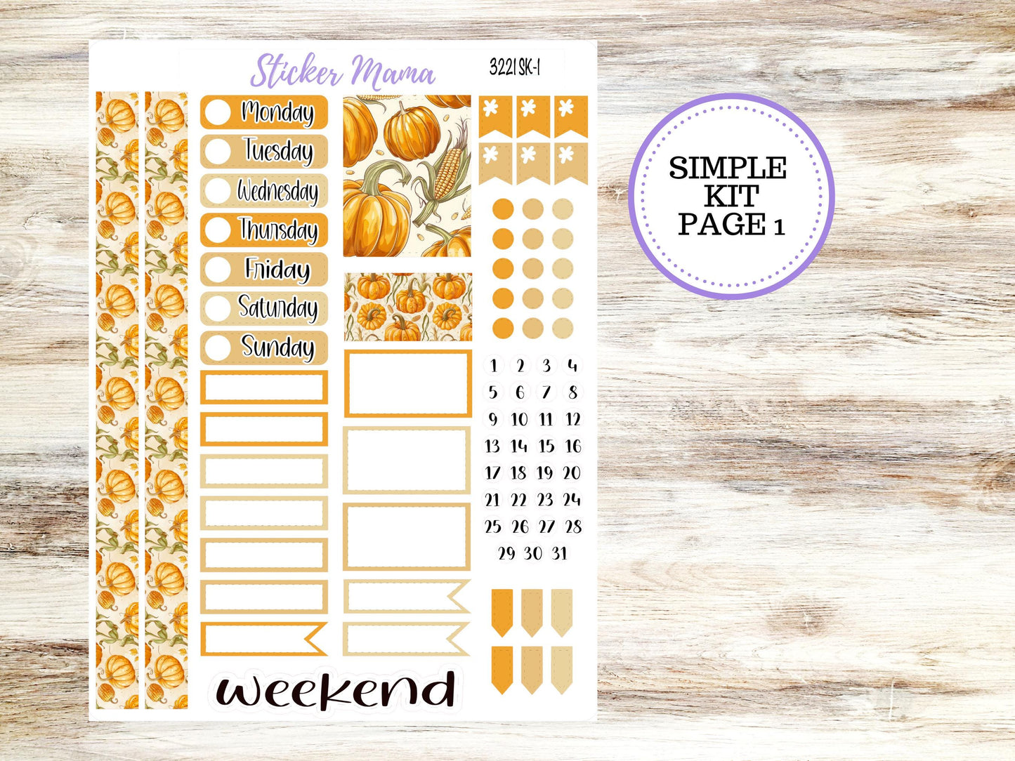 Simple 1.5 inch Planner Sticker Kits | Pumpkin & Cornstalks 3221
