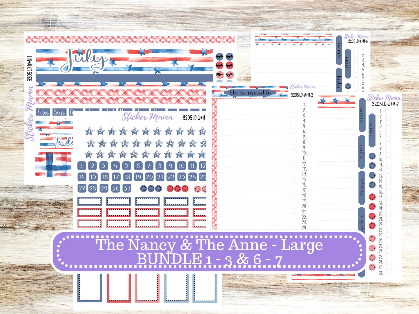 Laurel Denise Large Nancy & Large Anne Planner Sticker Kit | Vertical Horizontal Week + Month | July Patriotic Festivities 3205 | 4-26