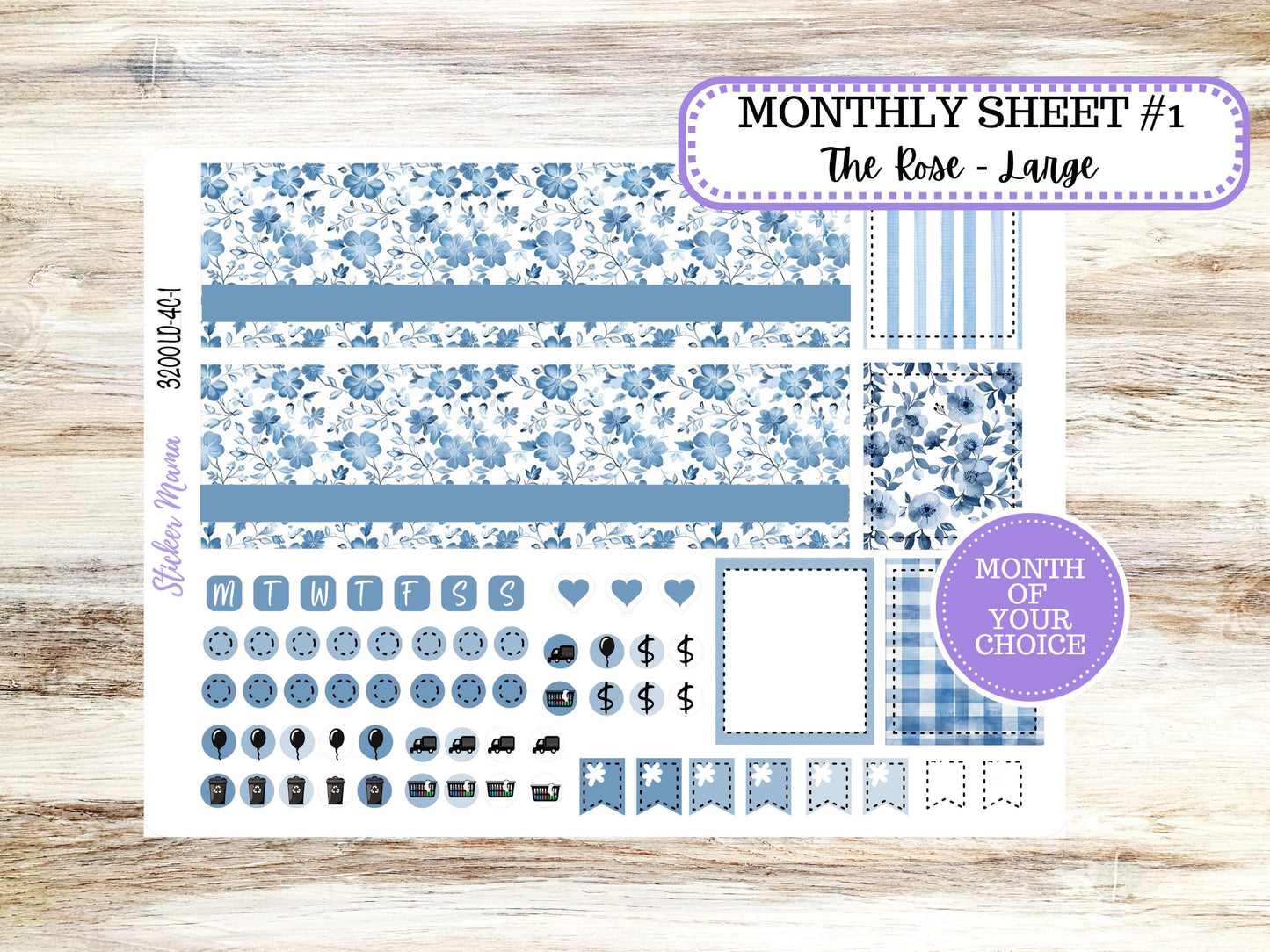 LD "The Rose" Large || 4-COLUMN (formerly project)  Planner Kit #3200 Blue Blossom || Chose Your Month || Laurel Denise Stickers || 12-25