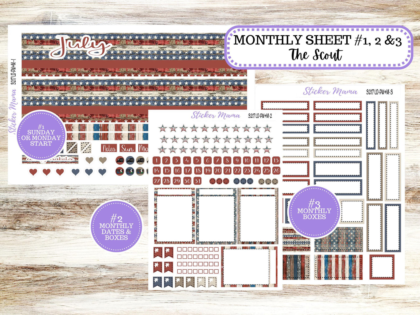 Laurel Denise Large Scout Planner Sticker Kit | Portrait Weekly + Monthly | July Old Glory 3217 | 4-26