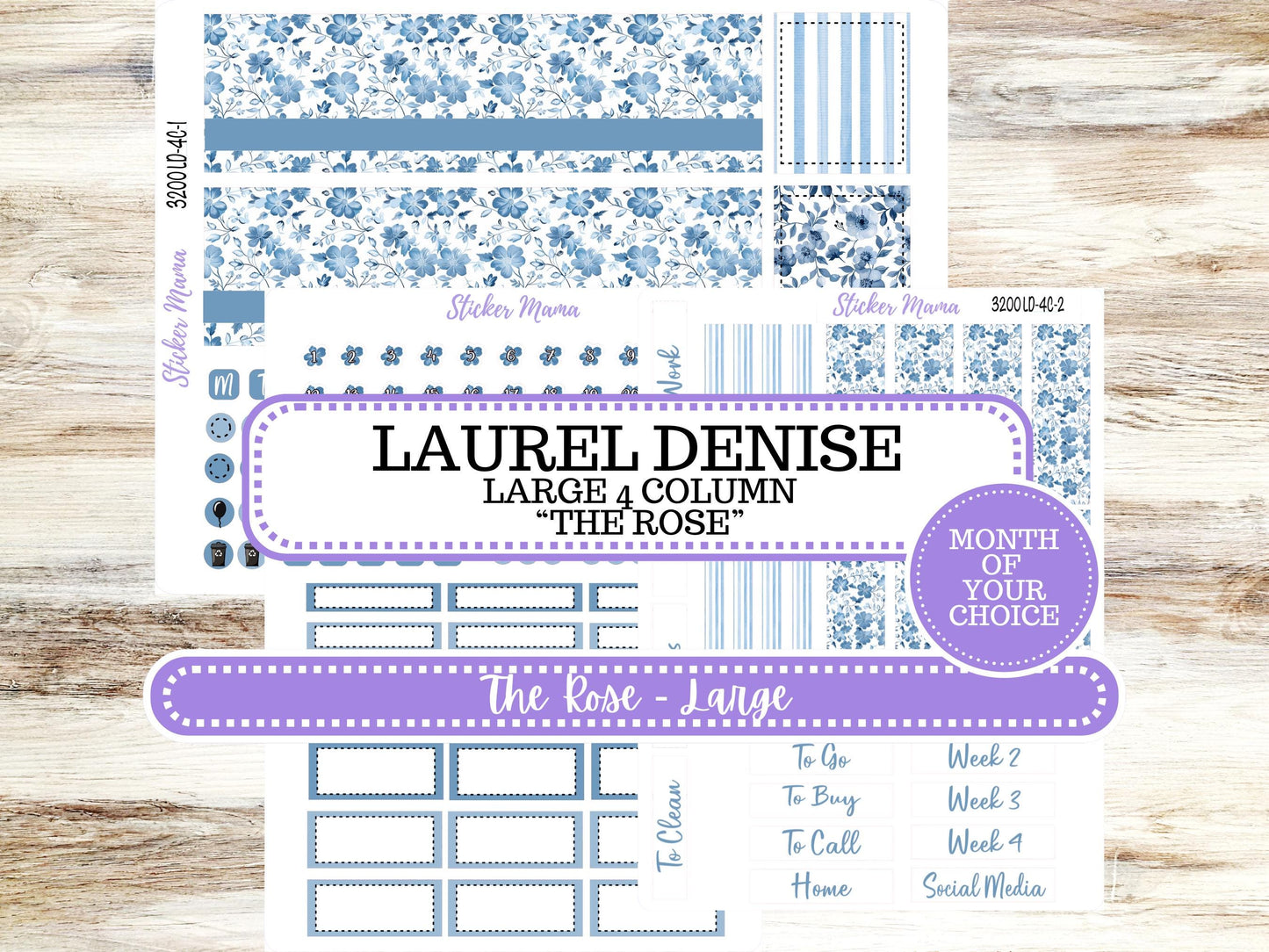 LD "The Rose" Large || 4-COLUMN (formerly project)  Planner Kit #3200 Blue Blossom || Chose Your Month || Laurel Denise Stickers || 12-25