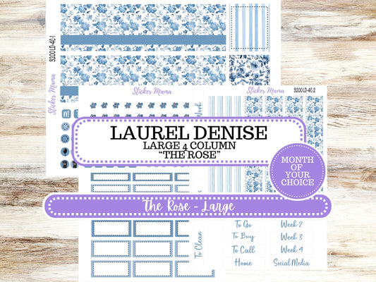 LD "The Rose" Large || 4-COLUMN (formerly project)  Planner Kit #3200 Blue Blossom || Chose Your Month || Laurel Denise Stickers || 12-25