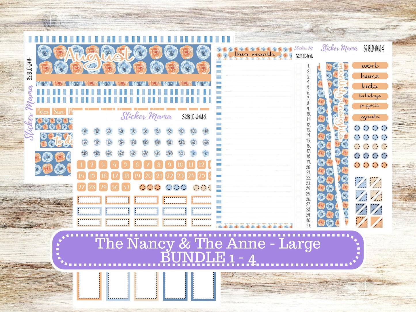 Laurel Denise Large Nancy & Large Anne Planner Sticker Kit | Vertical Horizontal Week + Month | August Blossom Breeze 3218 | 5-26
