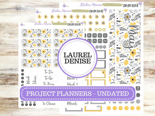LAUREL DENISE PROJECT Undated. Planner Kit #3109 || Grey and Yellow Floral || Laurel Denise Kit || Laurel Denise Stickers || May