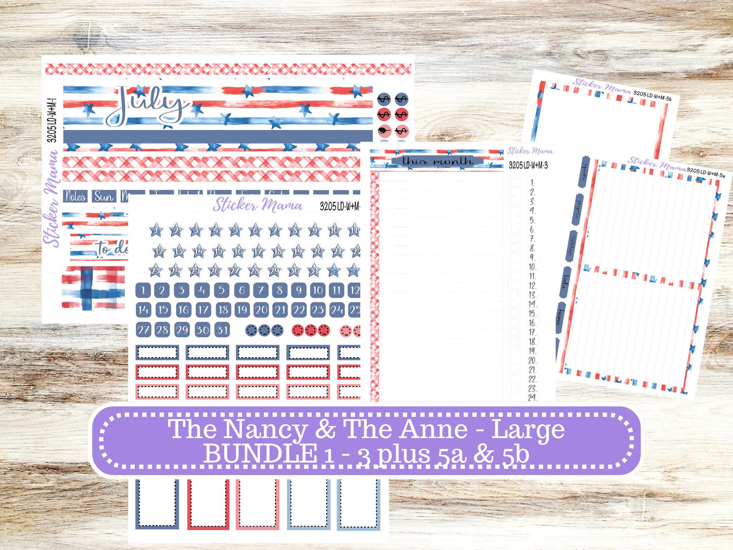Laurel Denise Large Nancy & Large Anne Planner Sticker Kit | Vertical Horizontal Week + Month | July Patriotic Festivities 3205 | 4-26