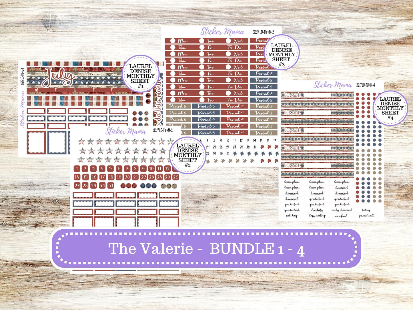 Laurel Denise Valerie Planner Stickers | LD Teacher Week + Month Planner Kit | July 3217 Old Glory | 4-26